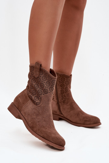 Botas femininas com salto largo com elementos abertos S.Barski HY52-530 cor marrom