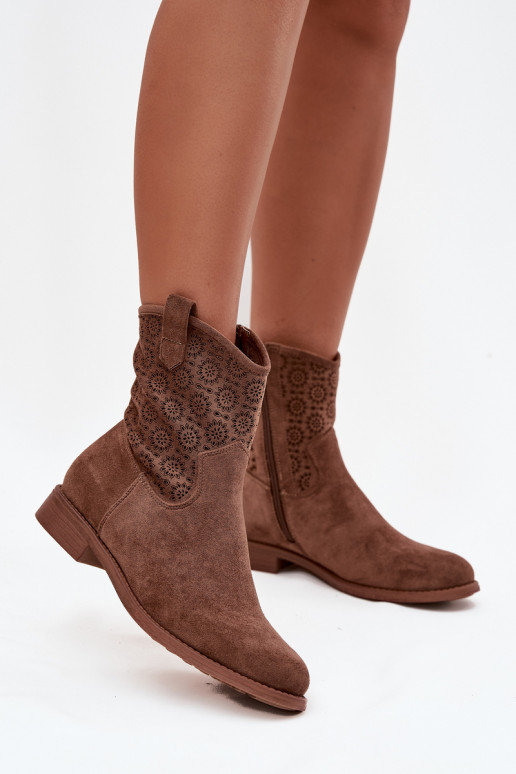 Botas femininas com salto largo com elementos abertos S.Barski HY52-530 cor marrom Botas femininas com salto largo com elementos abertos S.Barski HY52-530 cor marrom