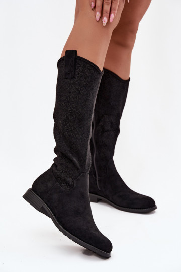 botas femininas com elementos abertos com salto largo S.Barski HY52-534 cor preta