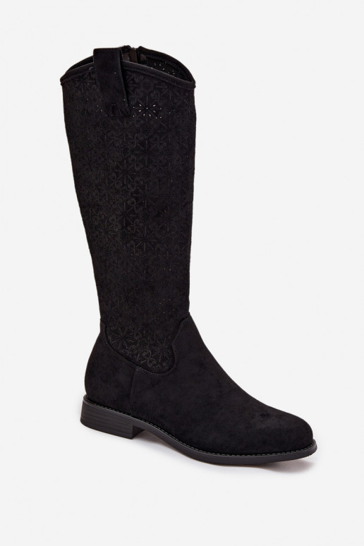botas femininas com elementos abertos com salto largo S.Barski HY52-534 cor preta
