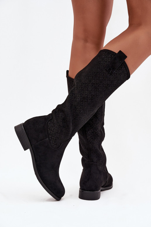 botas femininas com elementos abertos com salto largo S.Barski HY52-534 cor preta