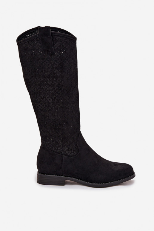botas femininas com elementos abertos com salto largo S.Barski HY52-534 cor preta