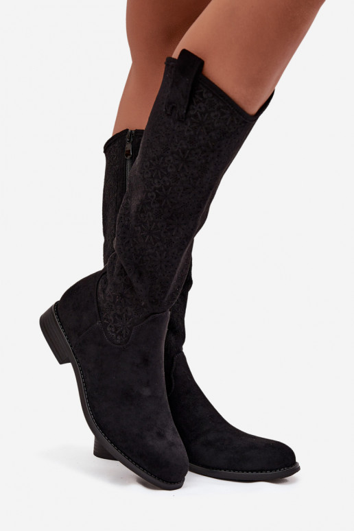 botas femininas com elementos abertos com salto largo S.Barski HY52-534 cor preta