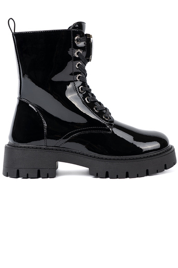 com efeito verniz amarrado Sapatos femininos cor preta 2