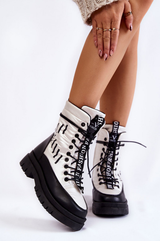 Botas de neve femininas com cordões Branco-cor preta Sharmen