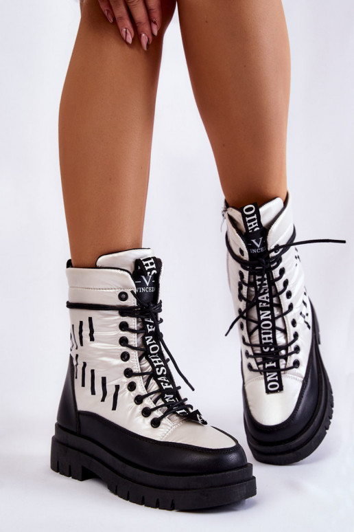 Botas de neve femininas com cordões Branco-cor preta Sharmen
