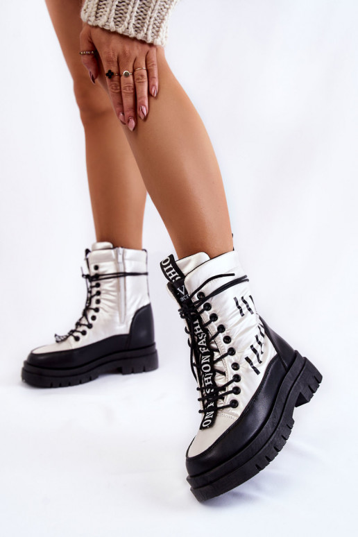 Botas de neve femininas com cordões Branco-cor preta Sharmen