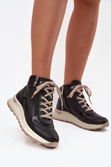 Botas femininas de estilo esportivo com plataforma de couro natural Zazoo Z1239 em preto