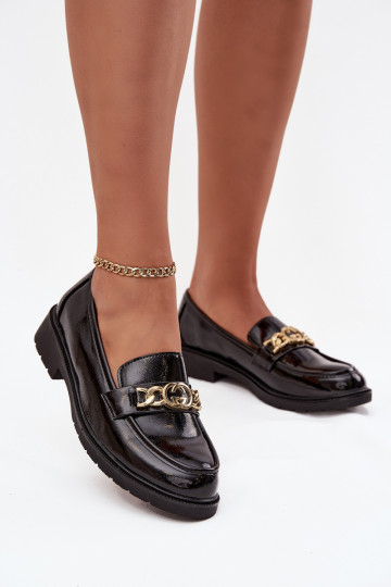 Mocassins femininos envernizados com detalhes em dourado S.Barski HY52-539 em preto 2