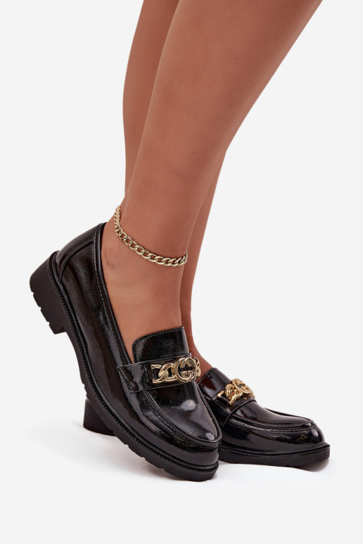 Mocassins lacados Feminino com detalhes dourados S.Barski HY52-539 cor preta