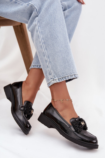 Mocassins femininos envernizados com laços S.Barski HY52-319A em preto