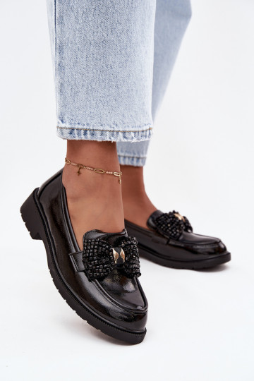 Mocassins femininos envernizados com laços S.Barski HY52-319A em preto 2