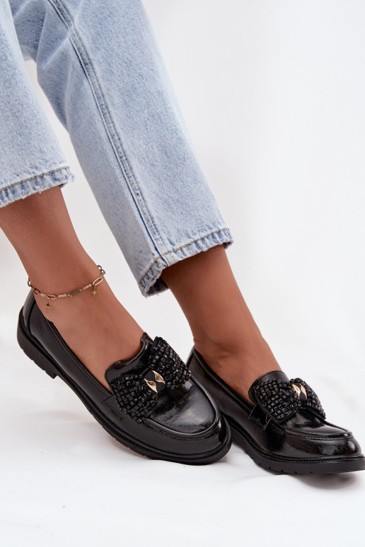 Mocassins lacados Feminino com fitas S.Barski HY52-319A cor preta