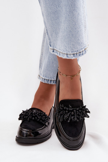 Feminino Mocassins com efeito verniz S.Barski HY52-369B cor preta 2