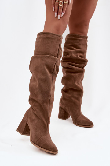Botas longas enrugadas de camurça natural com salto forrados Zazoo 4228 na cor marrom