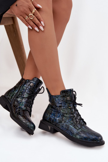com efeito verniz Botas femininasHabilitadoturalnej Skóry D&A LZ52-962 azul escuro