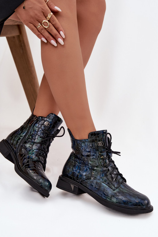 com efeito verniz Botas femininasHabilitadoturalnej Skóry D&A LZ52-962 azul escuro