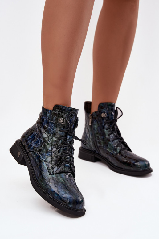 com efeito verniz Botas femininasHabilitadoturalnej Skóry D&A LZ52-962 azul escuro