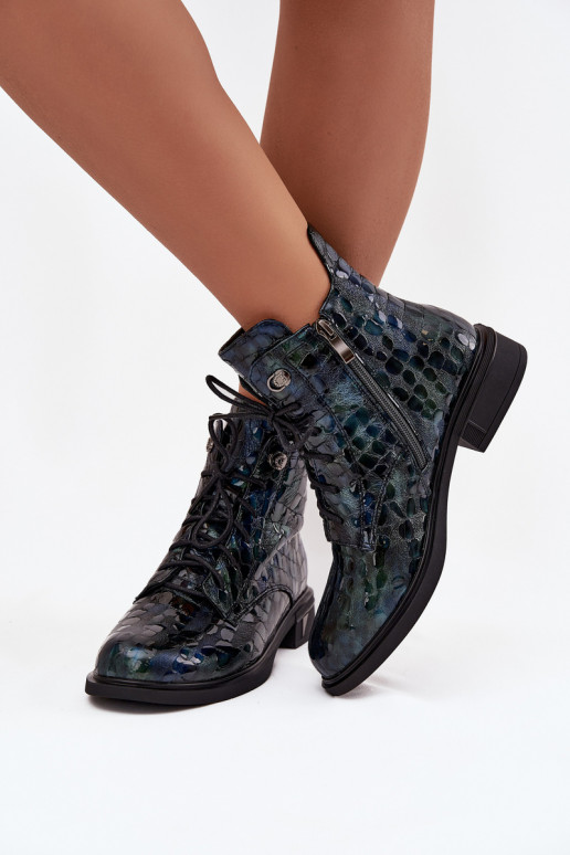 com efeito verniz Botas femininasHabilitadoturalnej Skóry D&A LZ52-962 azul escuro