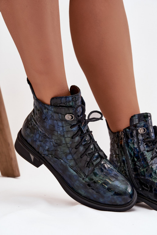 com efeito verniz Botas femininasHabilitadoturalnej Skóry D&A LZ52-962 azul escuro