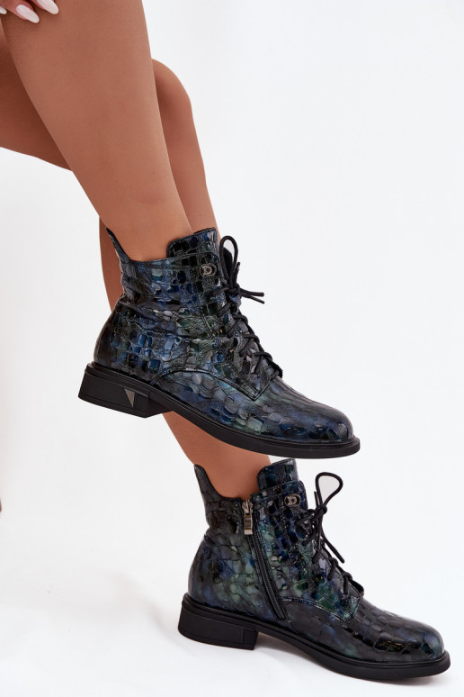 com efeito verniz Botas femininasHabilitadoturalnej Skóry D&A LZ52-962 azul escuro