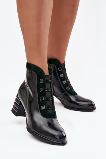 Botas femininas de couro natural com efeito envernizado com salto D&A CR52-696 na cor caqui