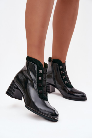 Botas femininas de couro natural com efeito envernizado com salto D&A CR52-696 na cor caqui 2