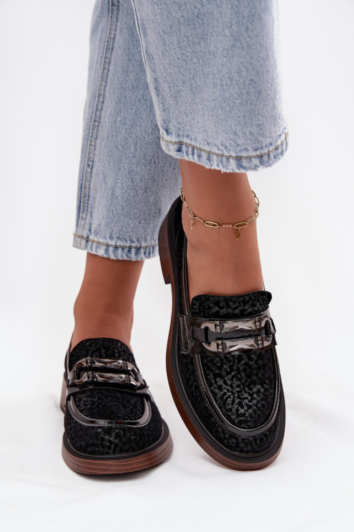 Mocassins de camurça Feminino com enfeites D&A MR52-176 cor preta