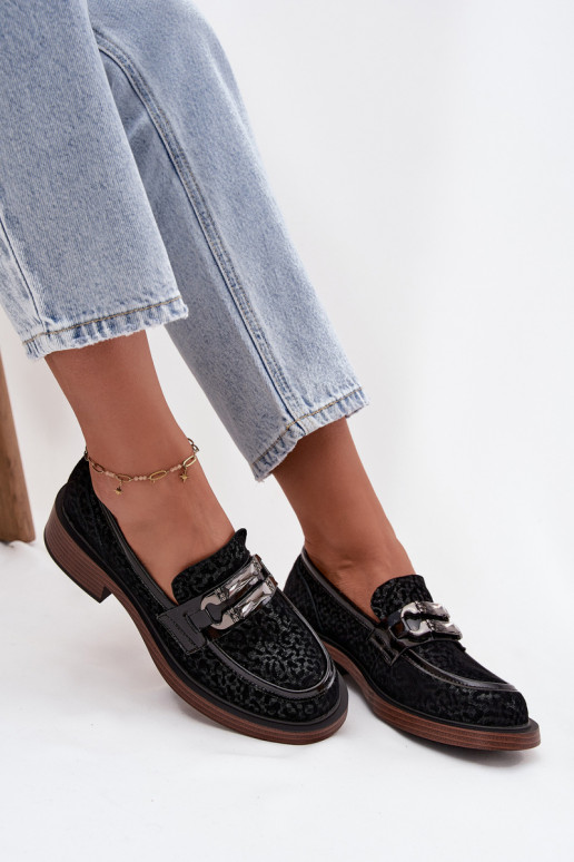 Mocassins de camurça Feminino com enfeites D&A MR52-176 cor preta