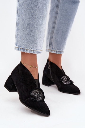 Botas de pele sintética femininas com salto e ornamentos D&A MR52-182 na cor preta 2