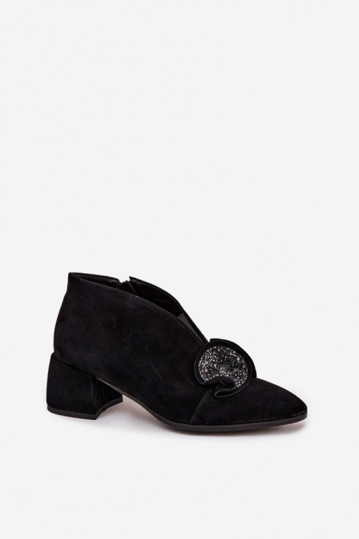 Pele Sapatos de camurça Feminino com salto com enfeites D&A MR52-182 cor preta