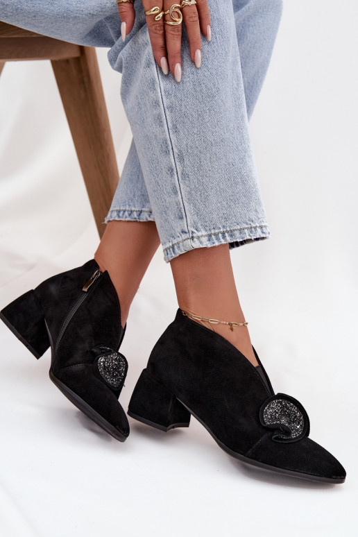 Pele Sapatos de camurça Feminino com salto com enfeites D&A MR52-182 cor preta