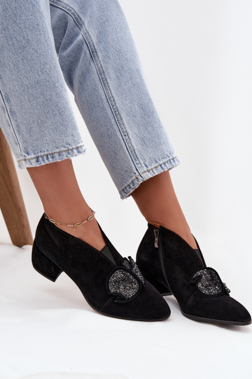 Pele Sapatos de camurça Feminino com salto com enfeites D&A MR52-182 cor preta