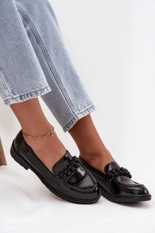 mocassins femininos com efeito verniz com miçangas S.Barski HY52-541 cor preta