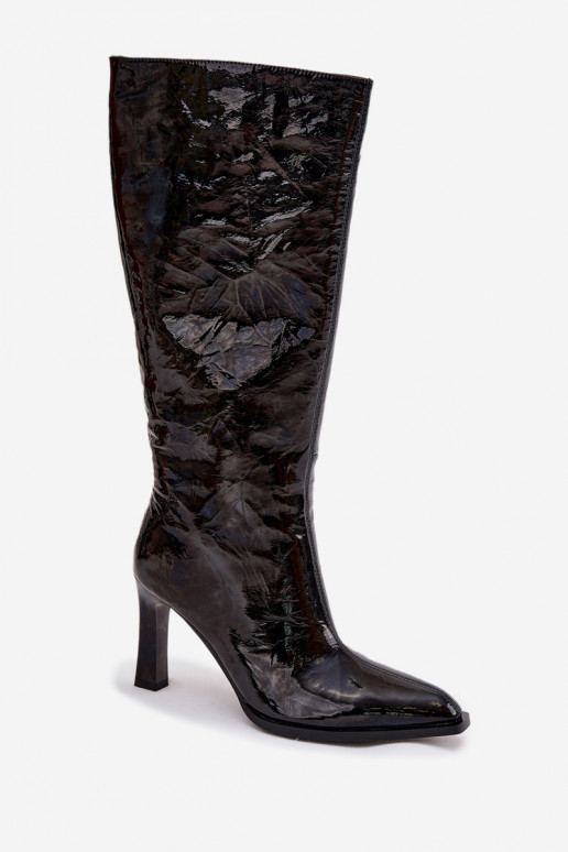 Pele com efeito verniz botas femininas com salto aquecimento D&A CR52-716 cor preta