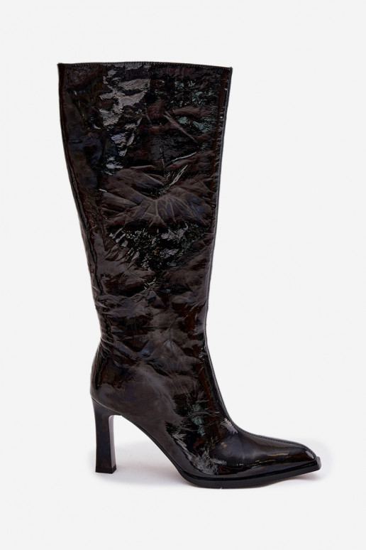 Pele com efeito verniz botas femininas com salto aquecimento D&A CR52-716 cor preta