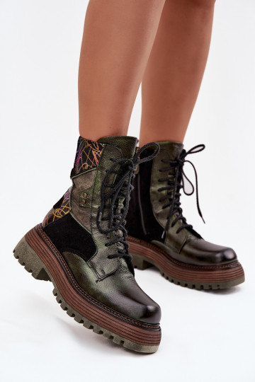 Botas de trabalho femininas de couro com plataforma Tai turiciejka 07104-09 na cor caqui