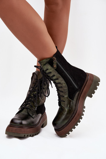 Botas de trabalho femininas de couro com plataforma Tai turiciejka 07104-09 na cor caqui 2
