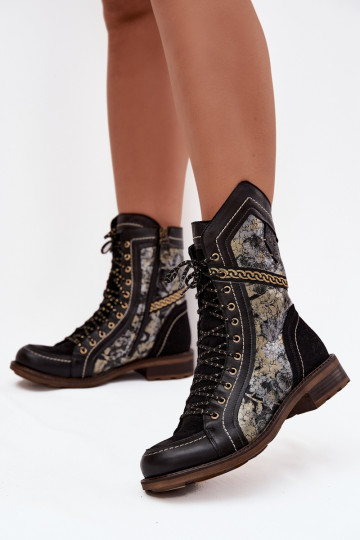Botas femininasHabilitadoturalnej Skóry Tem que serciejka 07097-01 Preto e-cor dourada