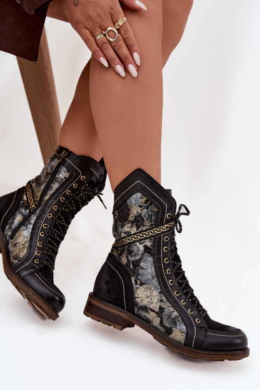 Botas femininasHabilitadoturalnej Skóry Tem que serciejka 07097-01 Preto e-cor dourada