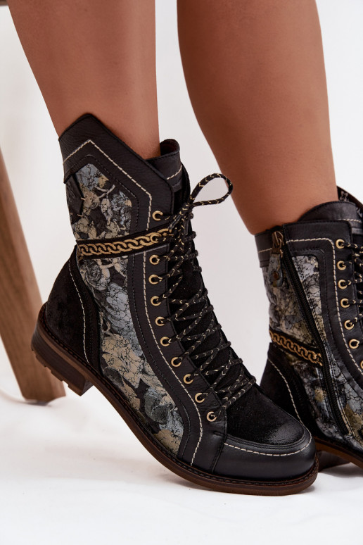 Botas femininasHabilitadoturalnej Skóry Tem que serciejka 07097-01 Preto e-cor dourada