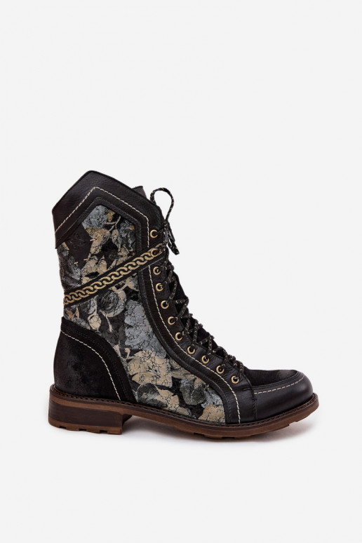 Botas femininasHabilitadoturalnej Skóry Tem que serciejka 07097-01 Preto e-cor dourada