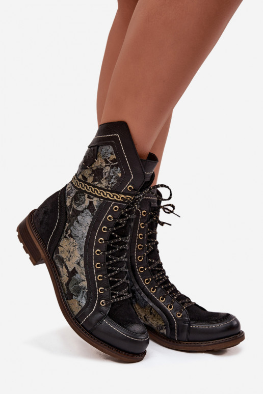 Botas femininasHabilitadoturalnej Skóry Tem que serciejka 07097-01 Preto e-cor dourada