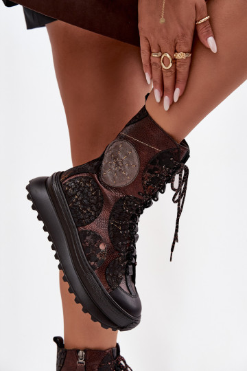 Botas de couro com plataforma aquecidas Tai turiciejka 06565-02 nas cores marrom-dourado