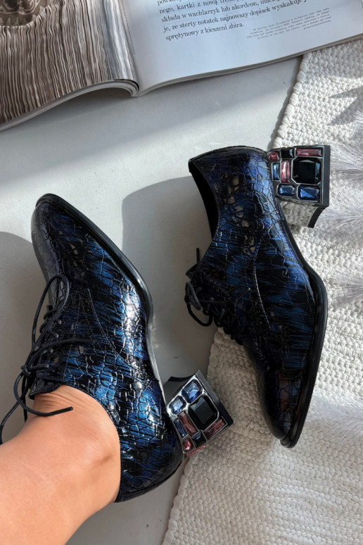 Botins lacados em pele genuína Feminino com salto com olhos brilhantes Artiker 55C0428 azul escuro