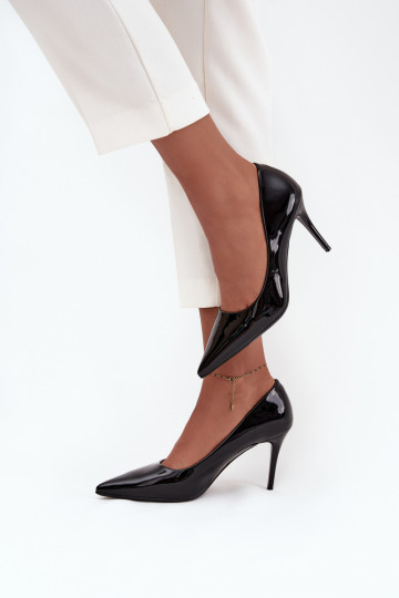 com efeito verniz Eko Pele sapatos de salto alto Feminino Ze Szpiczastymi Noskami cor preta Jadira