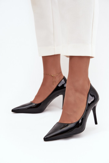com efeito verniz Eko Pele sapatos de salto alto Feminino Ze Szpiczastymi Noskami cor preta Jadira 2