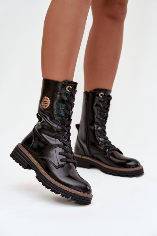 com efeito verniz Botins de trabalho Feminino Ze cor douradam Detalem aquecimento cor preta Dorialine