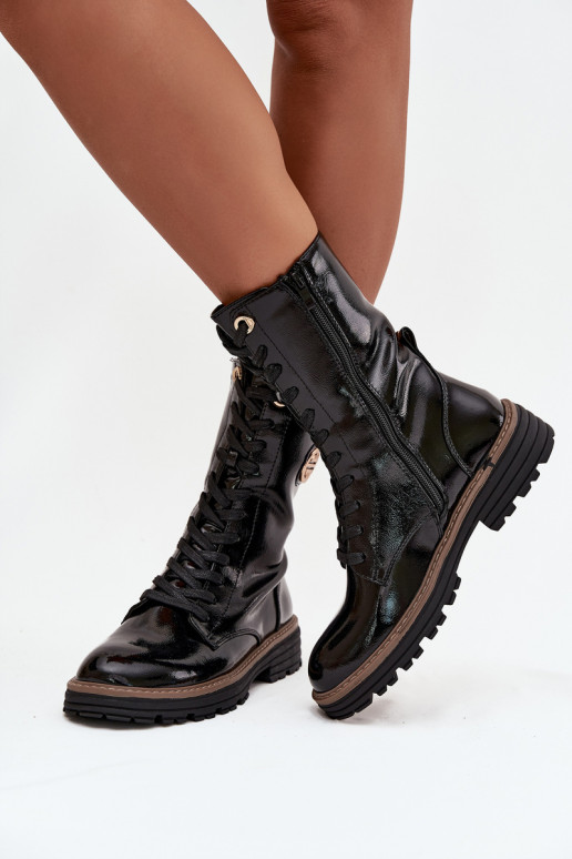 com efeito verniz Botins de trabalho Feminino Ze cor douradam Detalem aquecimento cor preta Dorialine