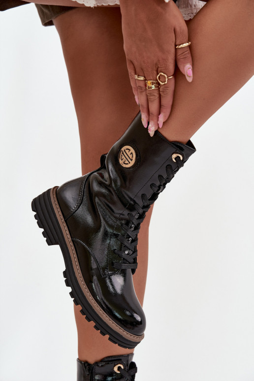 com efeito verniz Botins de trabalho Feminino Ze cor douradam Detalem aquecimento cor preta Dorialine